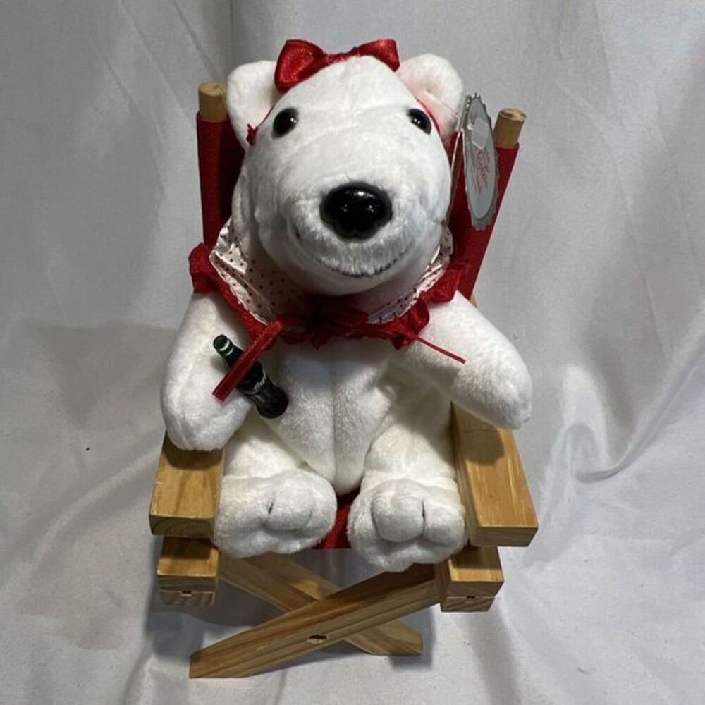 Coca Cola 1998 Polar Bear 5.5 Inch‎ Plush in Wood Directors Chair Coke Bottle